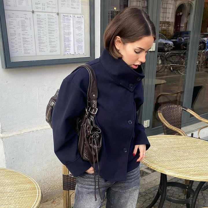 Ladies' Short Jacket with High Collar and Fastening Mune
