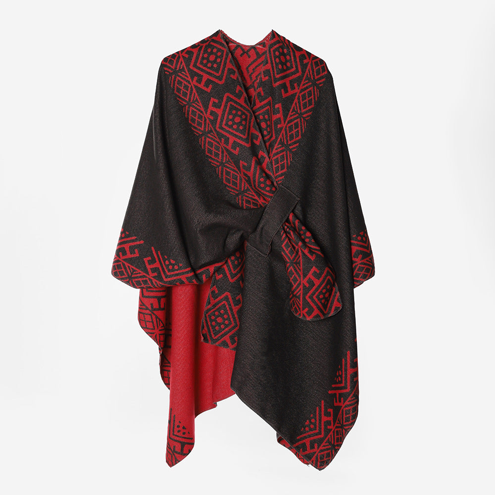 Women's cape poncho with knot closure, double-layer jacquard and soft wool blend Mune Fashion