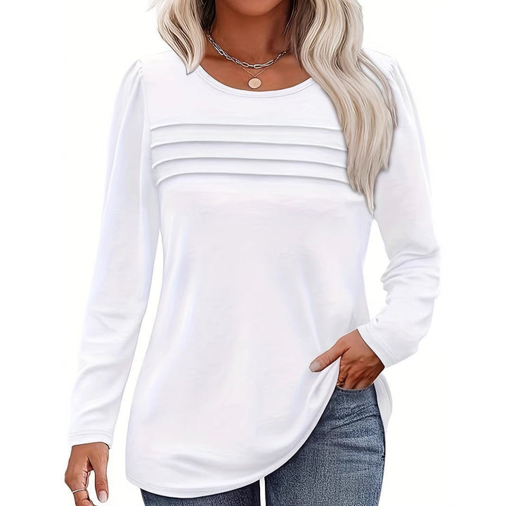 Women Fine Long Sleeve Shirt with Round Neck, Decorative Darts and Slightly Fitted A-Line Mune Fashion
