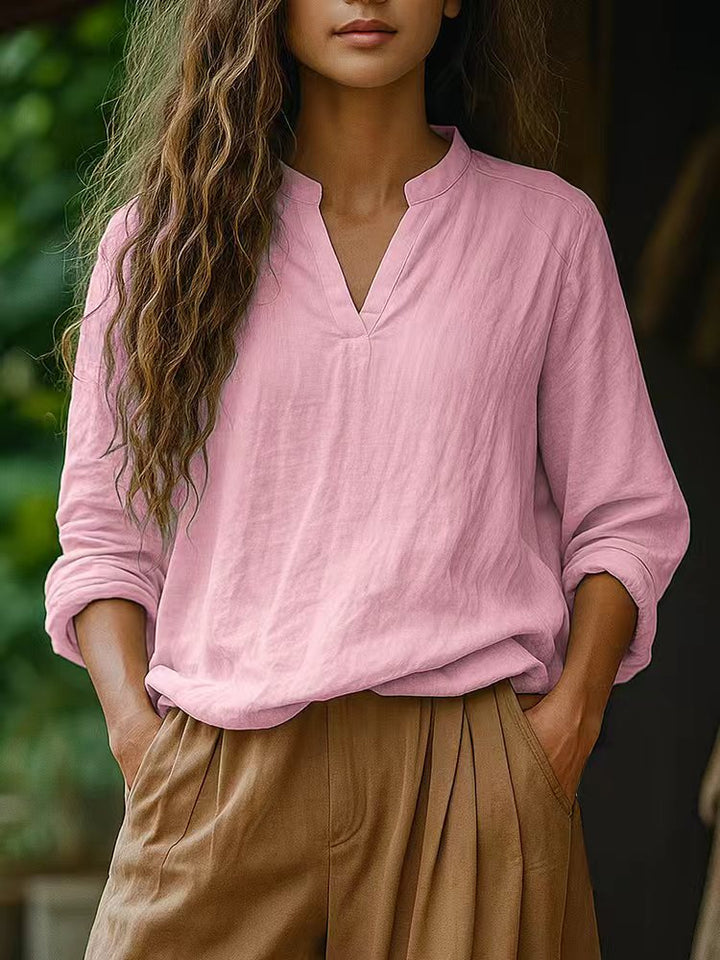 Women's Casual Tunic Blouse in Linen Look with Small Stand Collar and V-Slit
