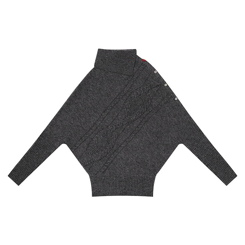 Women's oversized sweater with roll neck, asymmetric shoulder button placket and cable knit details Mune Fashion
