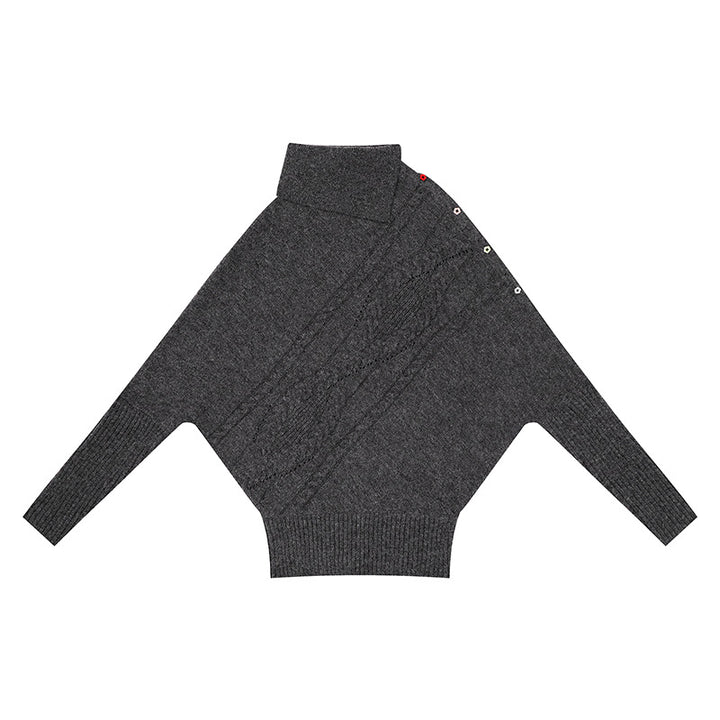 Women's oversized sweater with roll neck, asymmetric shoulder button placket and cable knit details Mune Fashion