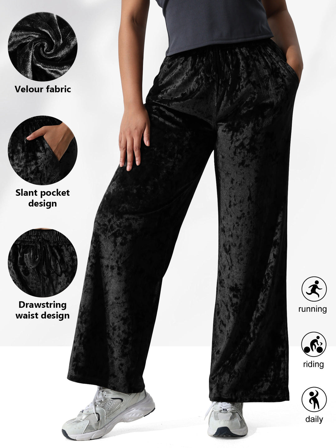 Ladies velour pants with wide leg, drawstring and side pockets Mune Fashion