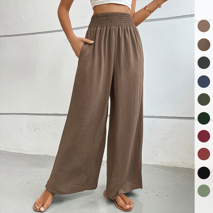 Women's palazzo pants with a high, elastic ruffled waistband and side pockets Mune Fashion