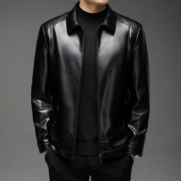 Men's Smooth Faux Leather Zip Jacket in Shirt Collar Style with Minimalist Seam Design Mune Fashion