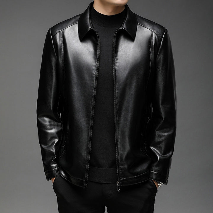 Men's Smooth Faux Leather Zip Jacket in Shirt Collar Style with Minimalist Seam Design Mune Fashion