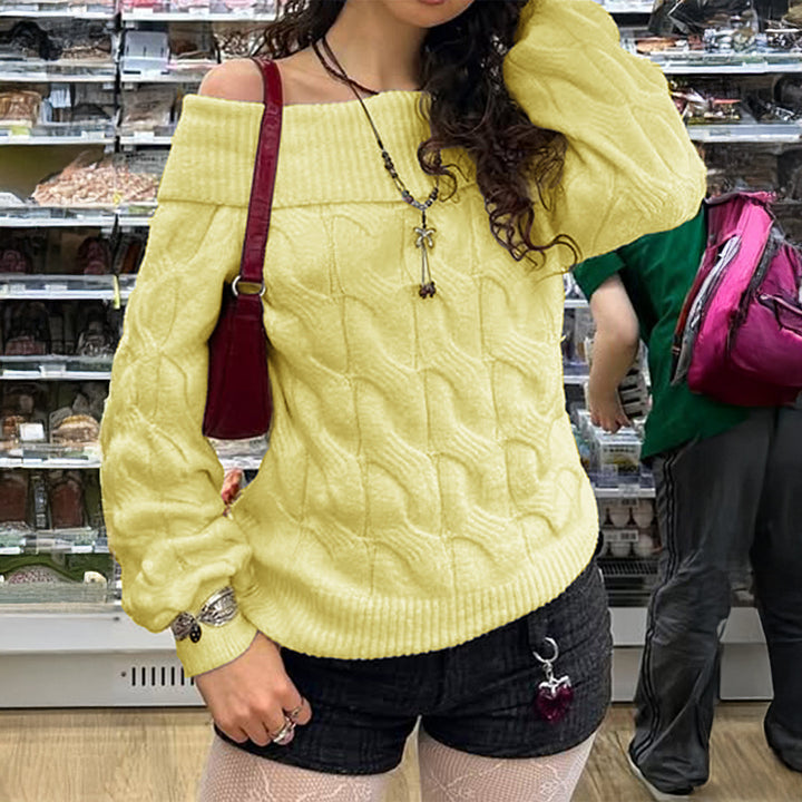 Women’s off-the-shoulder chunky knit sweater with cable pattern, wide sleeve cuff, and elastic ribbed hem Mune Fashion