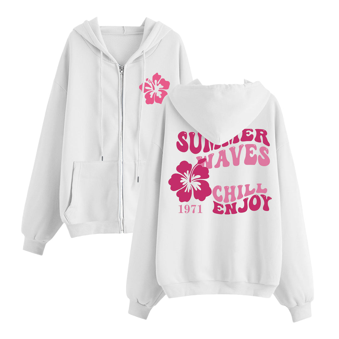 Women's relaxed zip hoodie with tropical hibiscus print, kangaroo pockets, and ribbed cuffs Mune Fashion