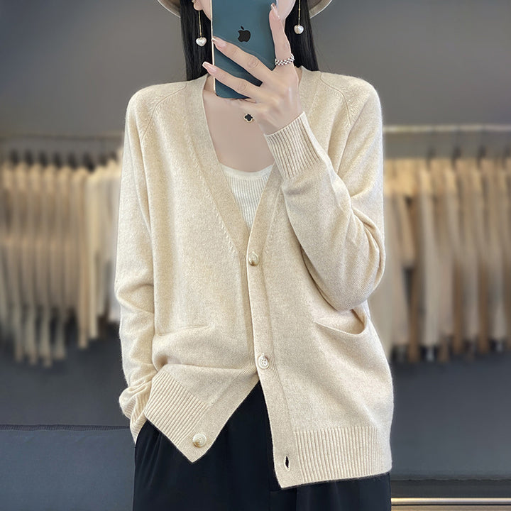 Women's Casual Fine Knit Cardigan with V-Neck, Hand Pockets and Wide Ribbed Cuff Mune Fashion