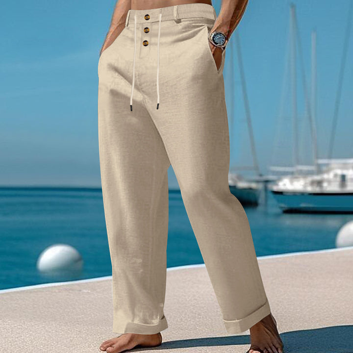 Men's wide summer pants made of linen-cotton blend with triple-button placket, drawstring waistband, and cuffed hem Mune Fashion