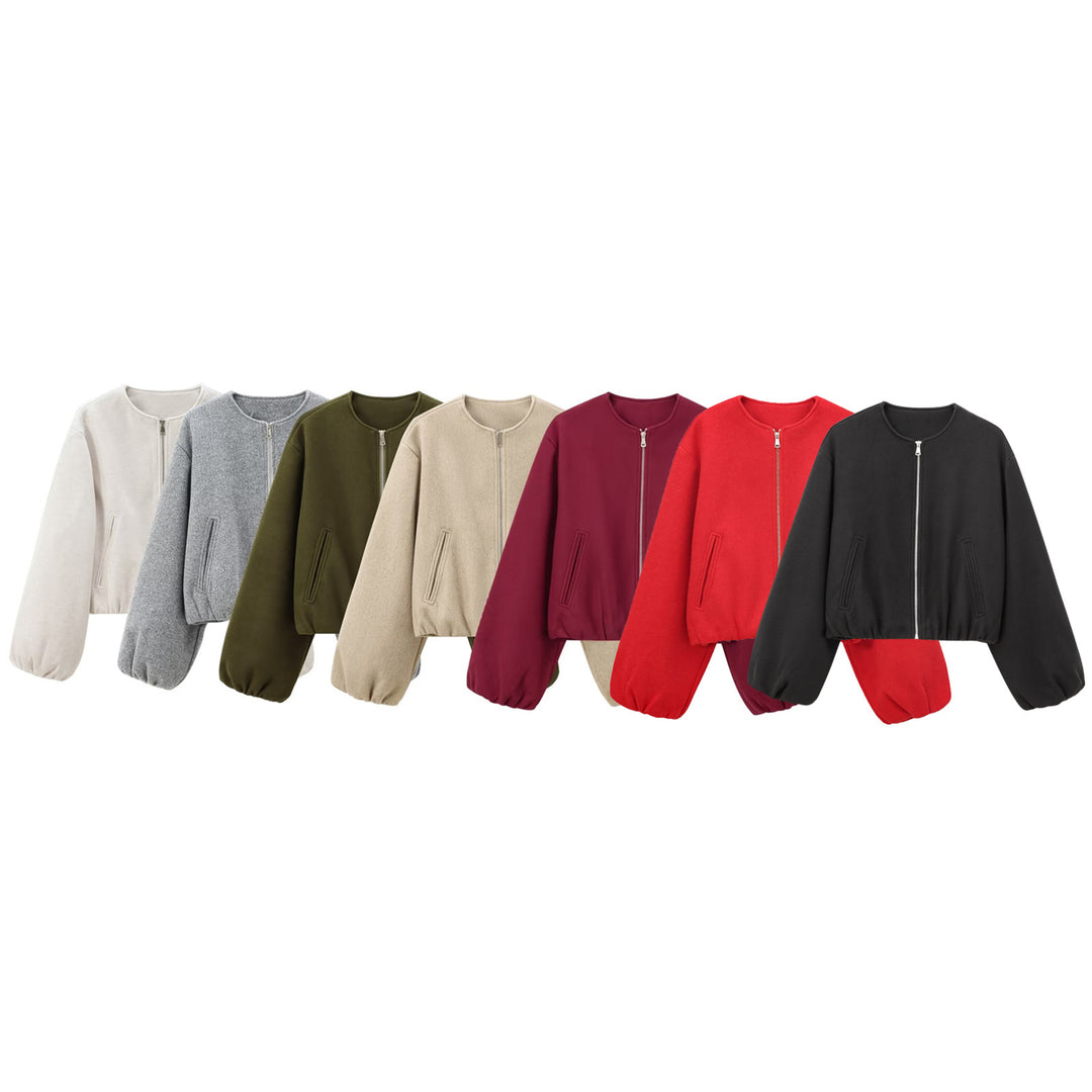 Women's Short Wool Blend Bomber with Round Neck, Zipper and Elastic Hem Mune Fashion