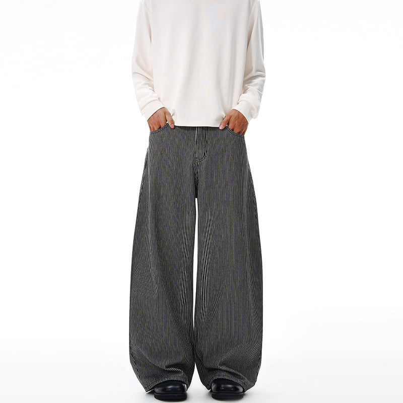 Men's Floor-Length Oversized Pants with Extremely Wide Legs and Fine Pinstripe Design Mune Fashion