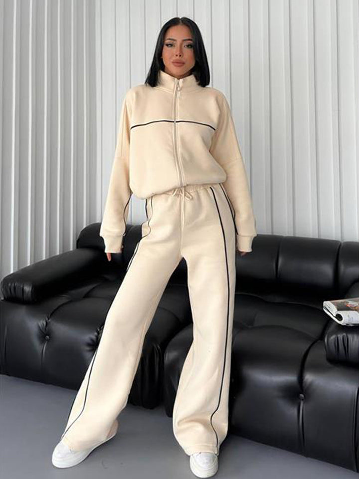 Women's nan Oversized Tracksuit Set with Zipper High Collar and Contrast Piping Mune Fashion