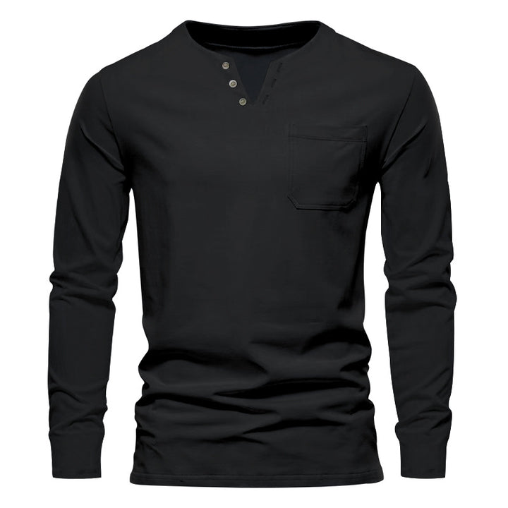 Men's modern Henley long sleeve shirt with asymmetric button placket and chest pocket Mune Fashion