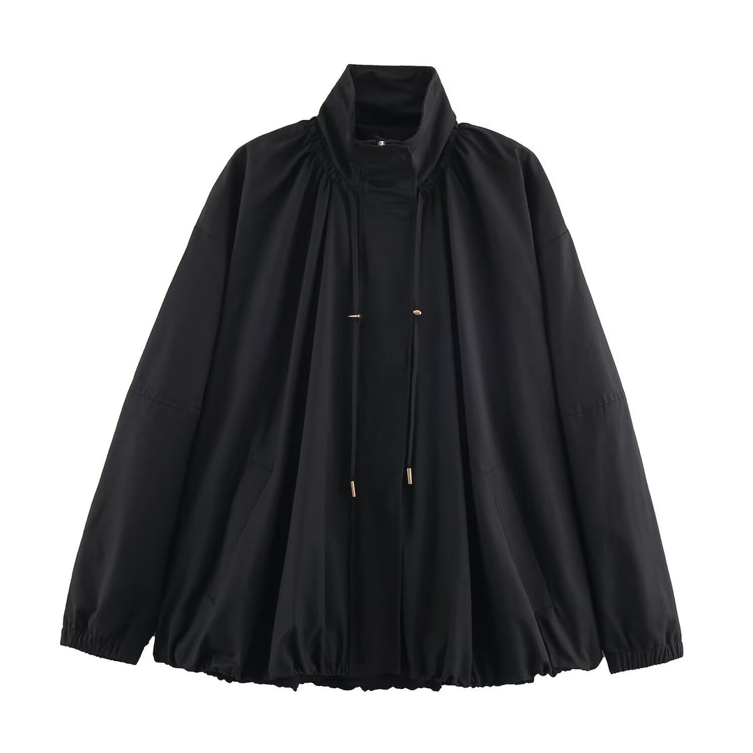 Women's Loose-Fitting Transitional Jacket with Drawstring Collar and Balloon-Shaped Hem Mune Fashion