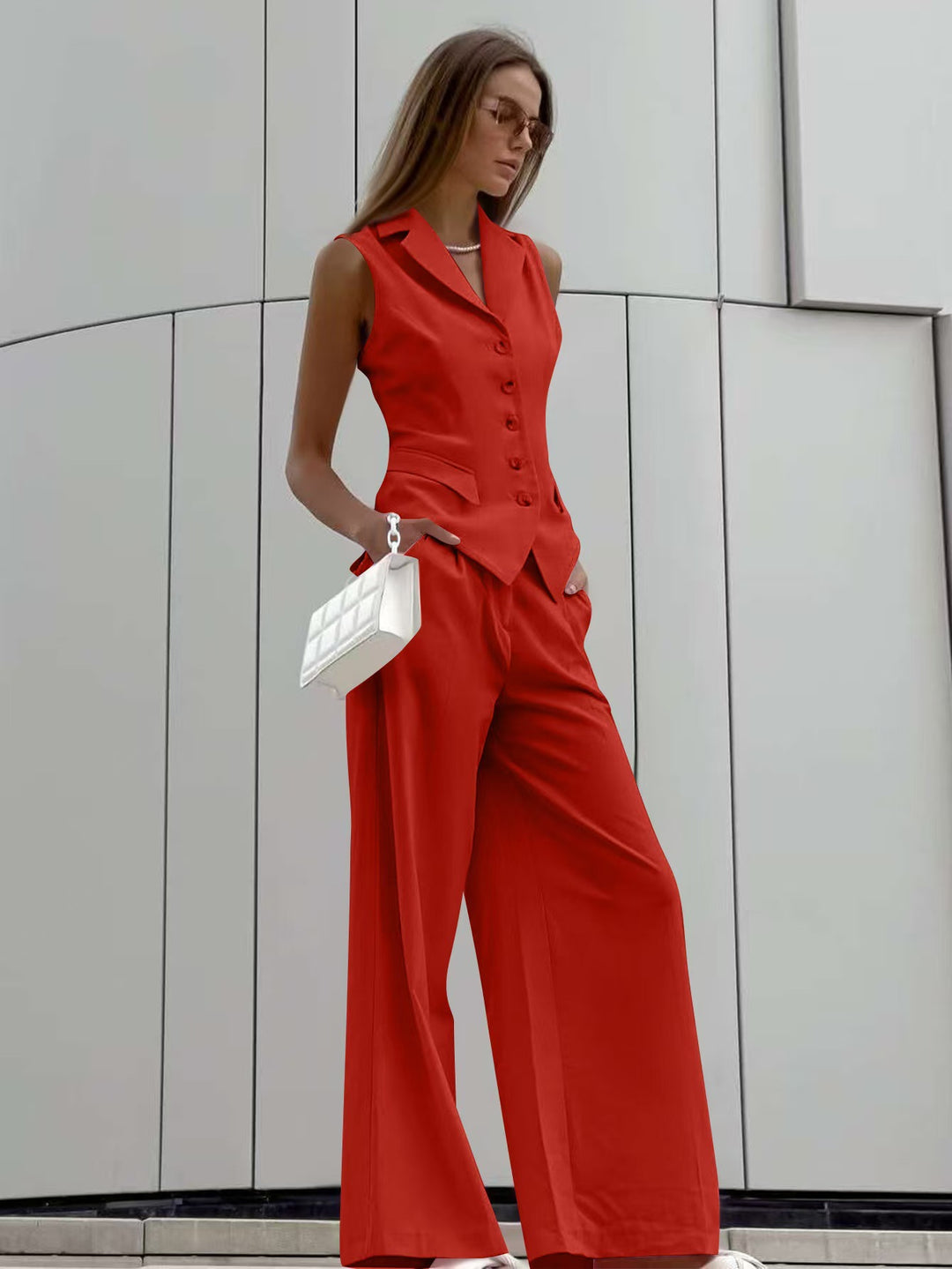 Women Sleeveless Tailoring Two-Piece with Fitted Vest and Wide Marlene Pants Mune Fashion