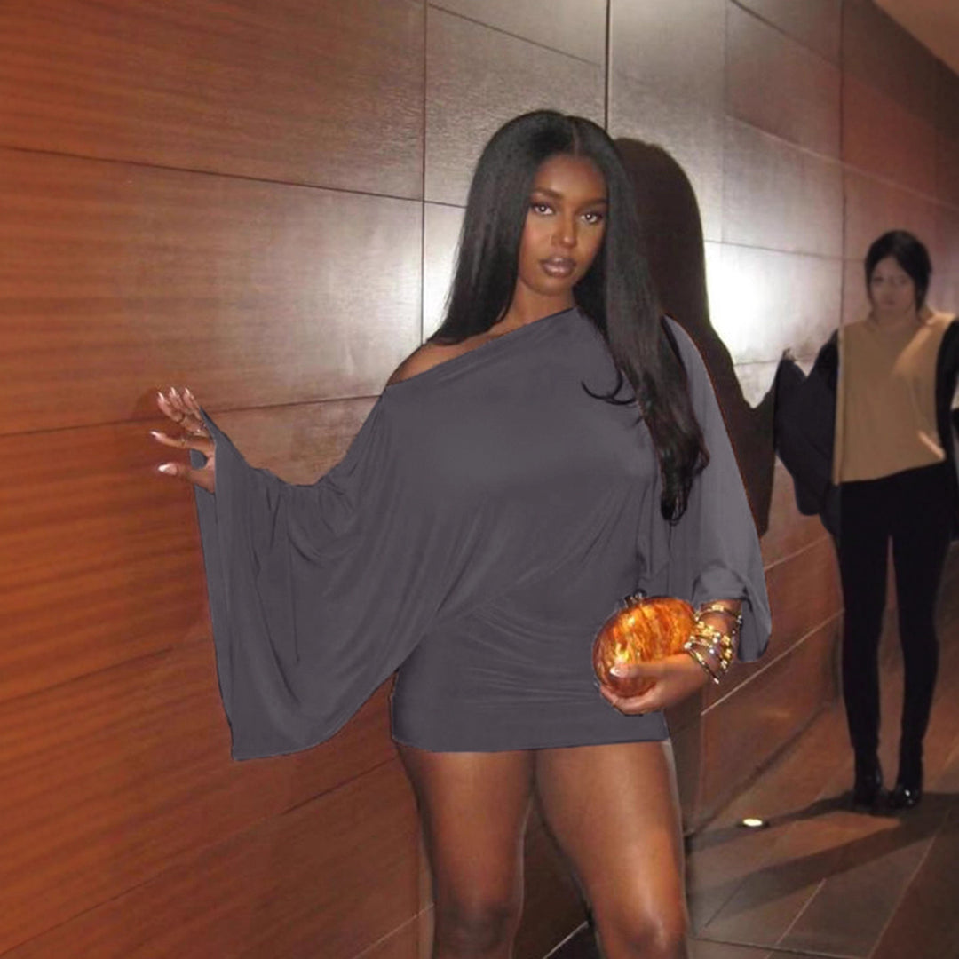 Women's off-shoulder draped blouson top with wide batwing sleeves and tapered cuff Mune Fashion