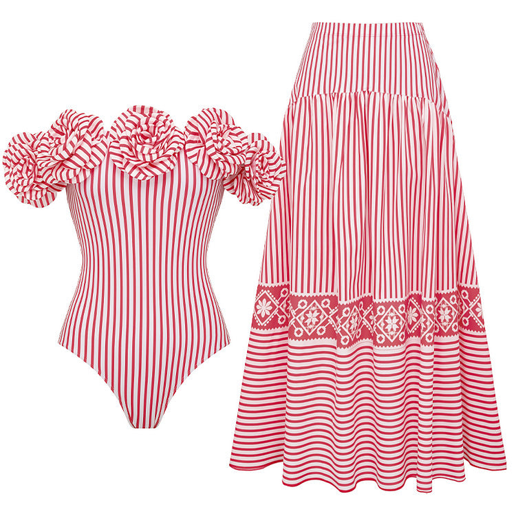 Women's Striped Bikini Set with Elegant Wrap Blouse and Fashionable Skirt Mune Fashion