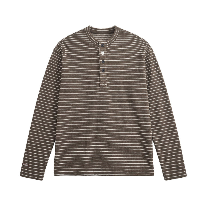 Men's Fine Knit Henley Shirt with Short Button Placket and Horizontal Stripe Pattern Mune Fashion