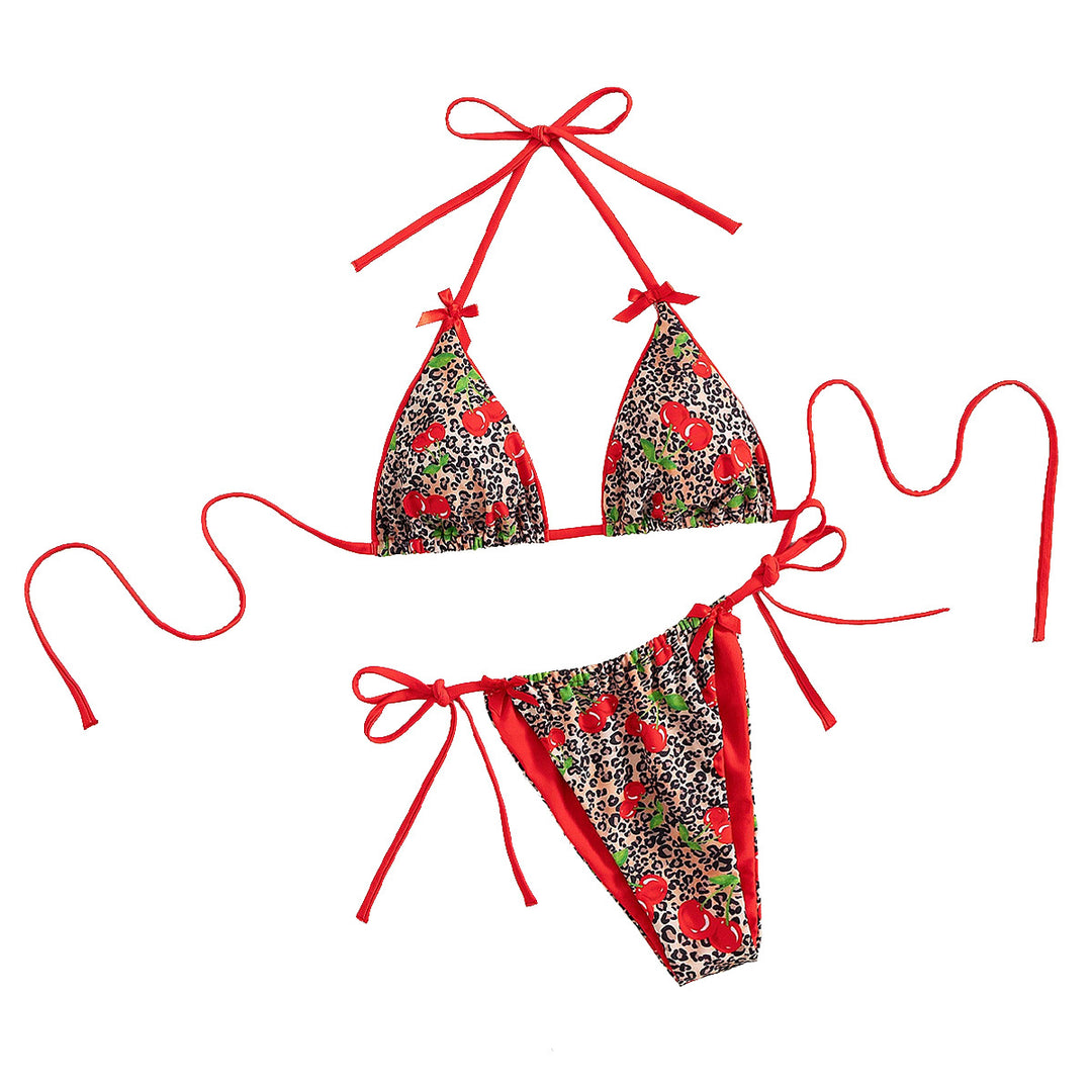 Women Triangle Bikini with Floral Cherry Pattern and Playful Details Mune Fashion