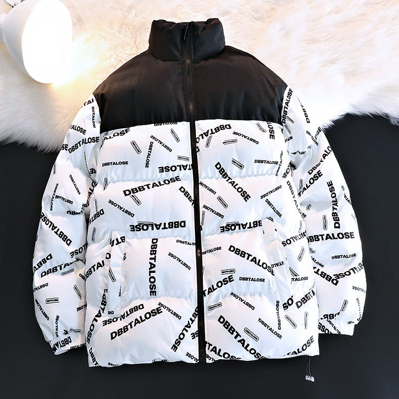 Unisex Padded Quilted Jacket with Allover Logo Print, High Stand-Up Collar & Adjustable Hem Mune Fashion