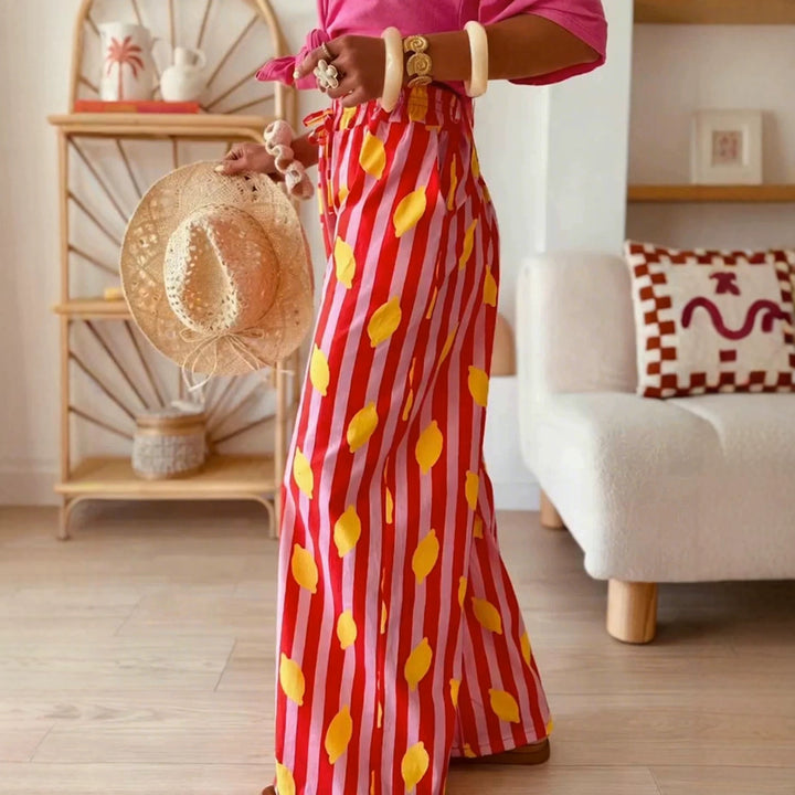 Women's Wide High-Waist Summer Pants with Elastic Waistband, Drawstring and Cheerful Lemon Print Mune Fashion