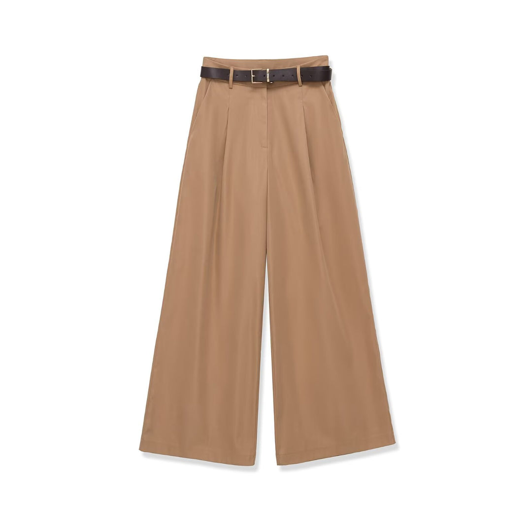 Women High-Waisted Palazzo Pants with Pleats and Waist Belt Mune Fashion