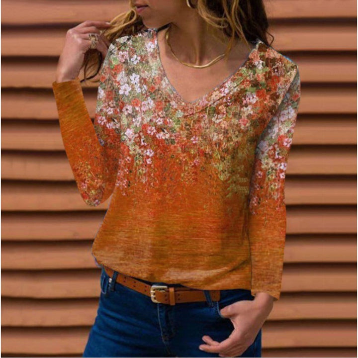 Women Long Sleeve V-Neck Tunic with Floral Watercolor Print and Light Jersey Quality Mune Fashion