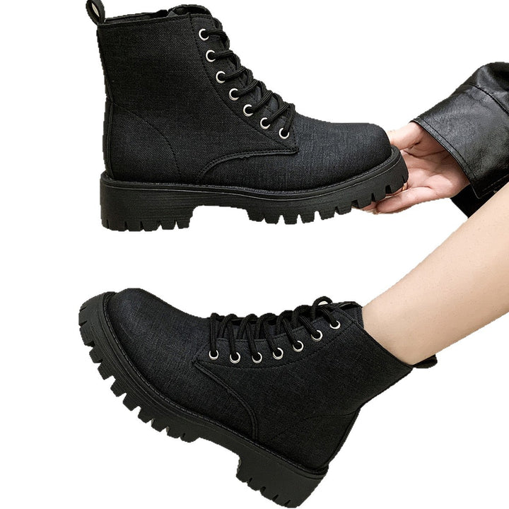 Ladies Chunky Combat Ankle Boots made of denim look with robust profiled sole and side zipper Mune Fashion