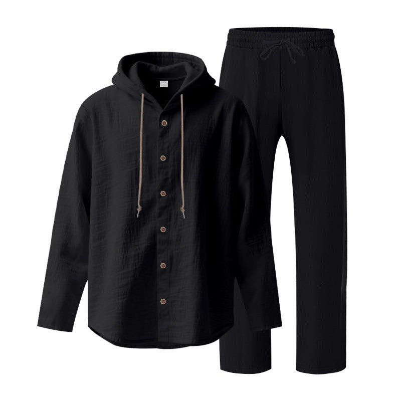 Men's two-piece lounge set with button hoodie shirt made of crepe jersey and straight drawstring pants Mune Fashion