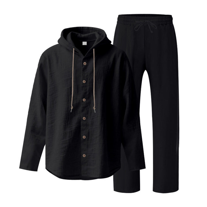 Men's two-piece lounge set with button hoodie shirt made of crepe jersey and straight drawstring pants Mune Fashion