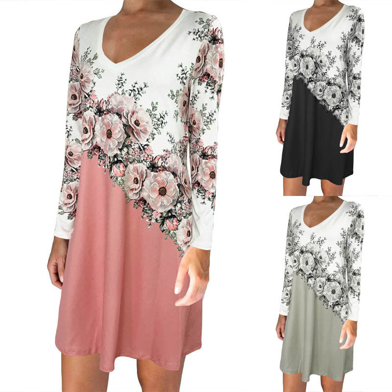 Women's Figure-Flattering V-Neck Mini Dress with Floral Print Border and Long Sleeve Mune Fashion