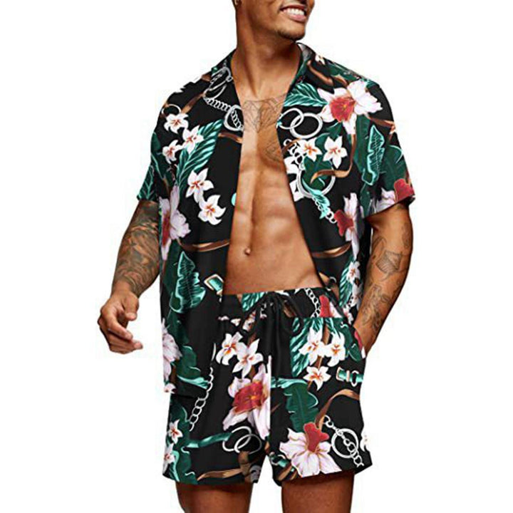 Men's tropical short sleeve shirt and swim shorts set with lapel collar, drawstring, and practical side pockets Mune Fashion