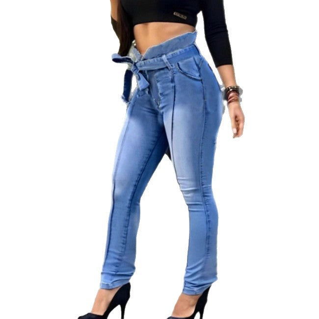 Women High-Waisted Paperbag Skinny Jeans with Ties and Vertical Seam Guidance Mune Fashion