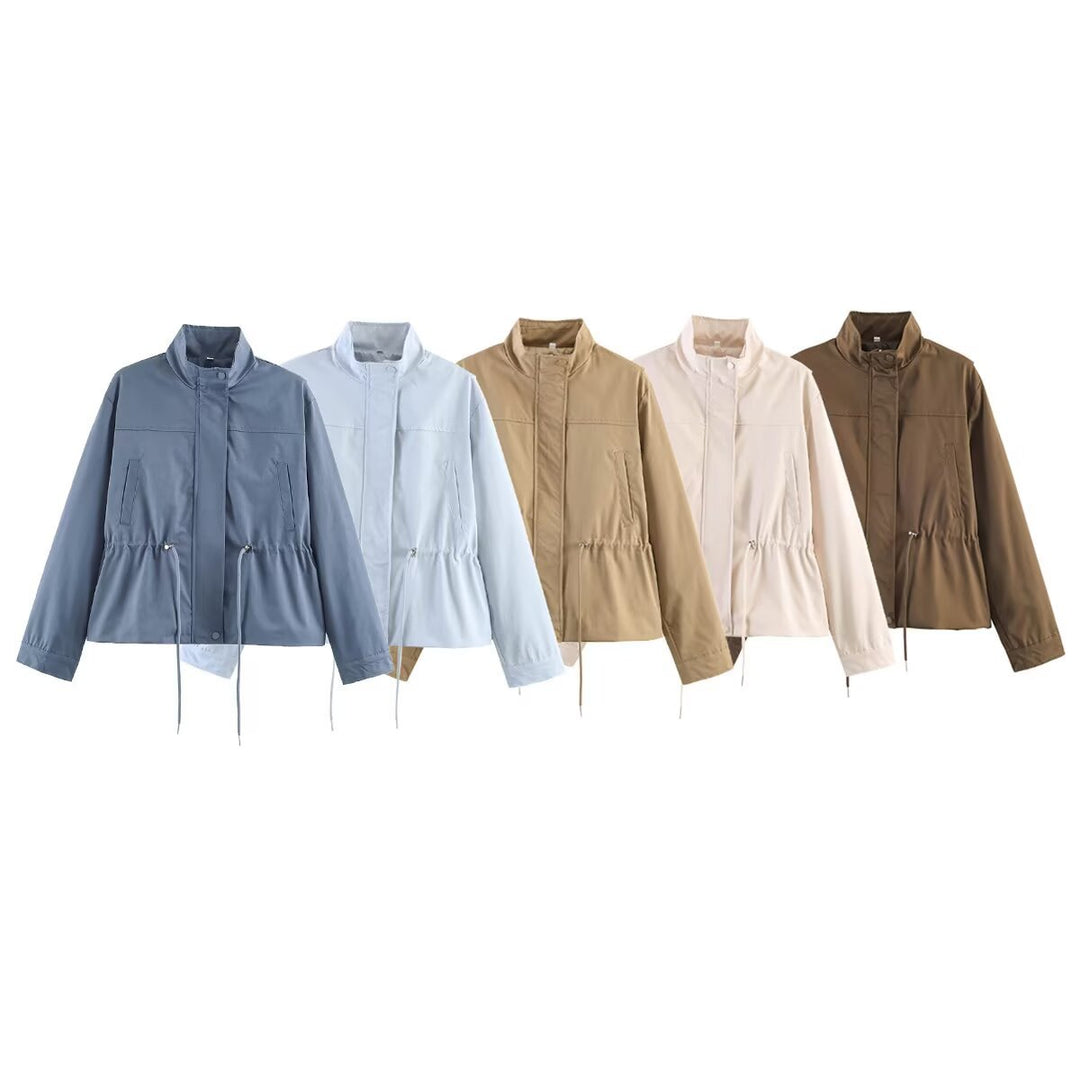 Women’s lightweight transition jacket with drawstring waist and standing collar Mune Fashion
