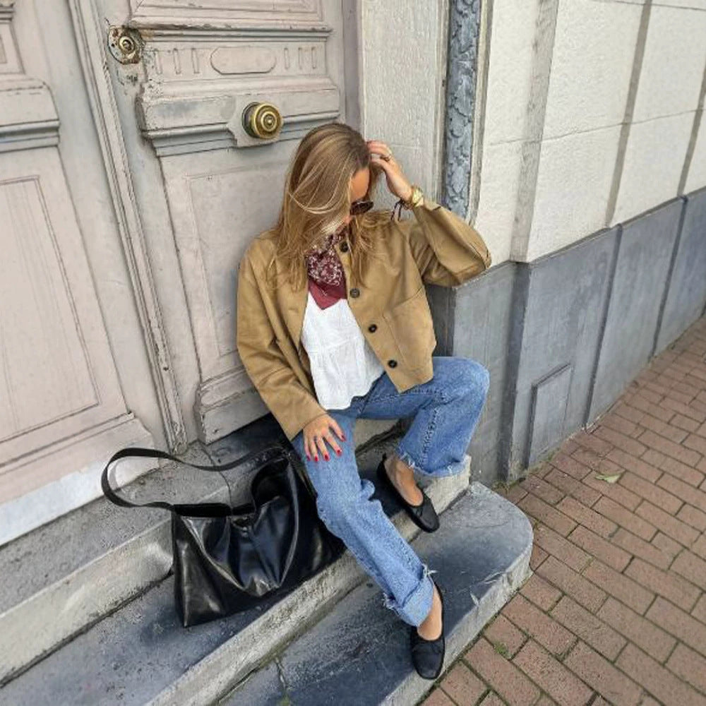 Women Short Suede Jacket in Clean-Cut with Patch Pockets Mune Fashion