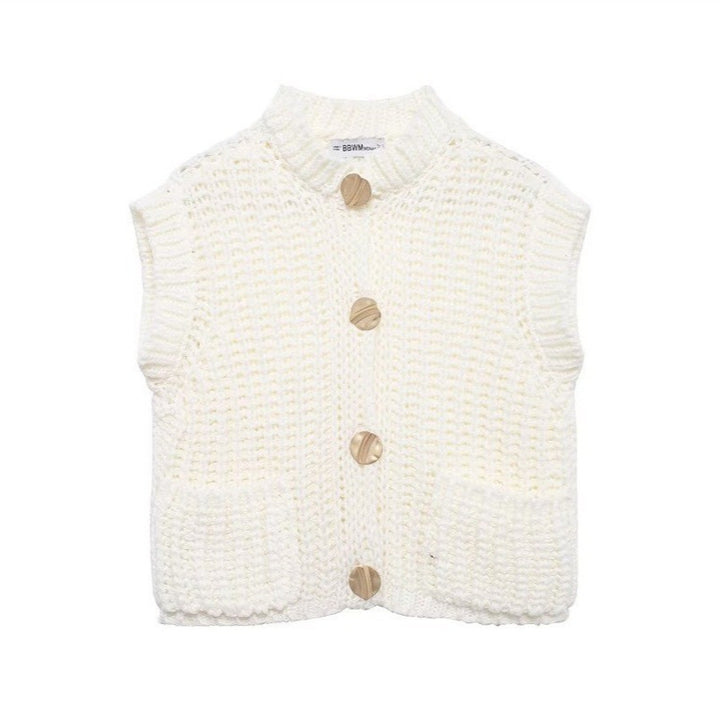 Women's chunky knit wool boxy vest with decorative buttons and side pockets Mune Fashion