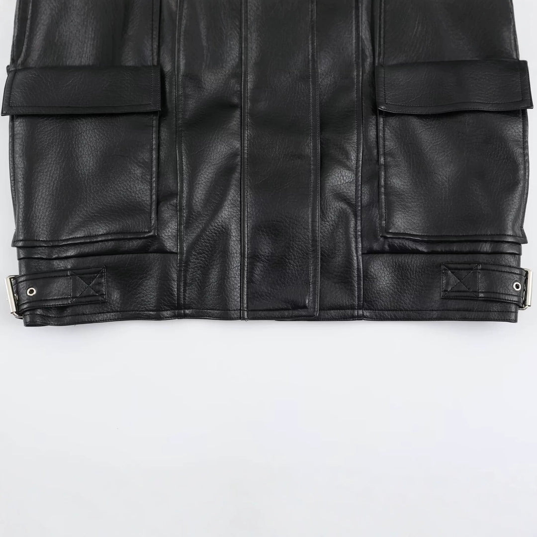Women Oversize Faux Leather Jacket with High Stand Collar, Patch Pockets and Adjustable Buckles Mune Fashion
