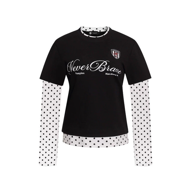 Women's Layered Long Sleeve Shirt with Polka Dot Inner Layer and Calligraphic Statement Print Mune Fashion