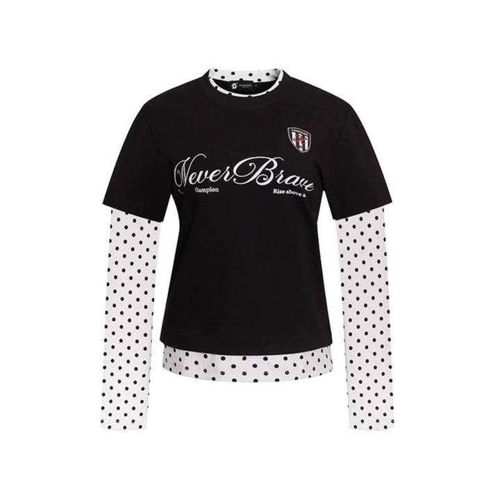 Women's Layered Long Sleeve Shirt with Polka Dot Inner Layer and Calligraphic Statement Print Mune Fashion