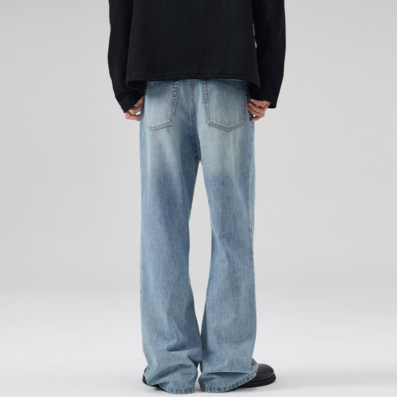 Men's Lightly Washed Ultra Wide Denim Marlene Trousers with Floor-Length Hem Mune Fashion