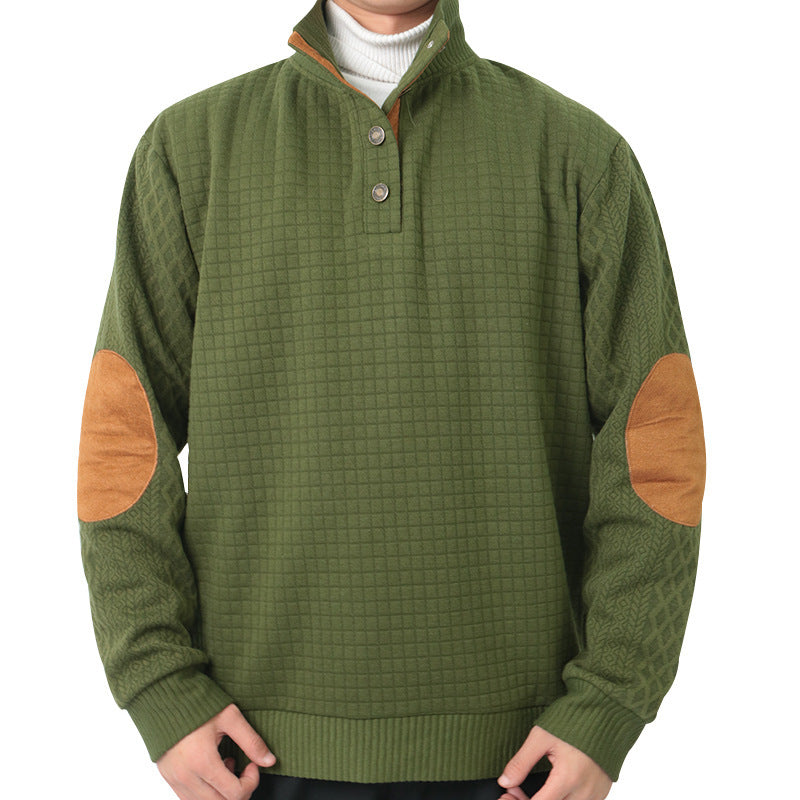 Men's waffle knit half-zip sweater with stand-up collar, leather accents, and elbow patches Mune Fashion