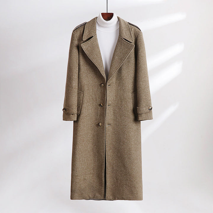 Men's Maxi-Length Wool Blend Overcoat with Boxy Silhouette, Shawl Collar and Decorative Epaulettes Mune Fashion