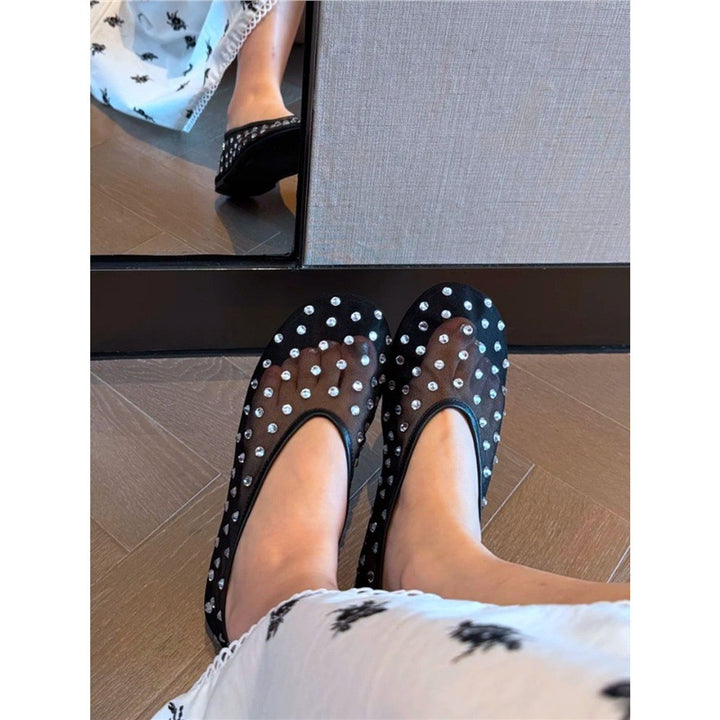 Women's Transparent Mesh Ballerinas with Rhinestone Detail and Padded Insole Mune Fashion