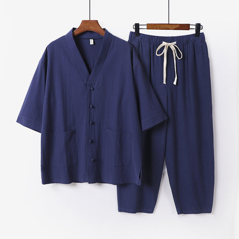 Unisex Lightweight Kimono Lounge Set made of Cotton-Linen with Short Sleeve Jacket and Drawstring Pants Mune Fashion