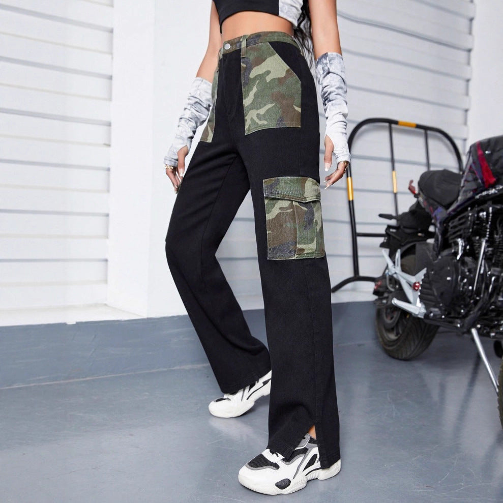 Ladies High-Waist Cargo Jeans with Camouflage Inserts and Wide Leg Mune Fashion