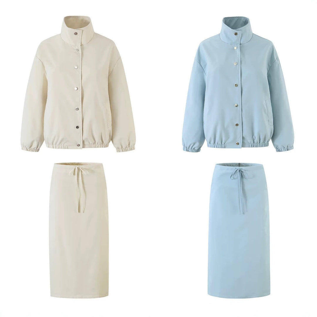 Women Two-Piece Set consisting of short blouson with stand-up collar and high-waisted pencil skirt Drune