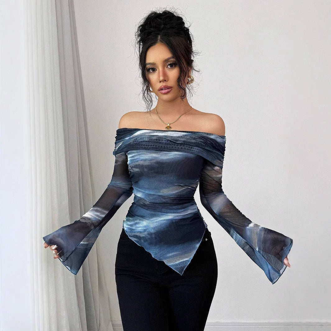 Women's shoulder-free mesh wrap top with asymmetrical handkerchief hem and long flared sleeves Mune Fashion