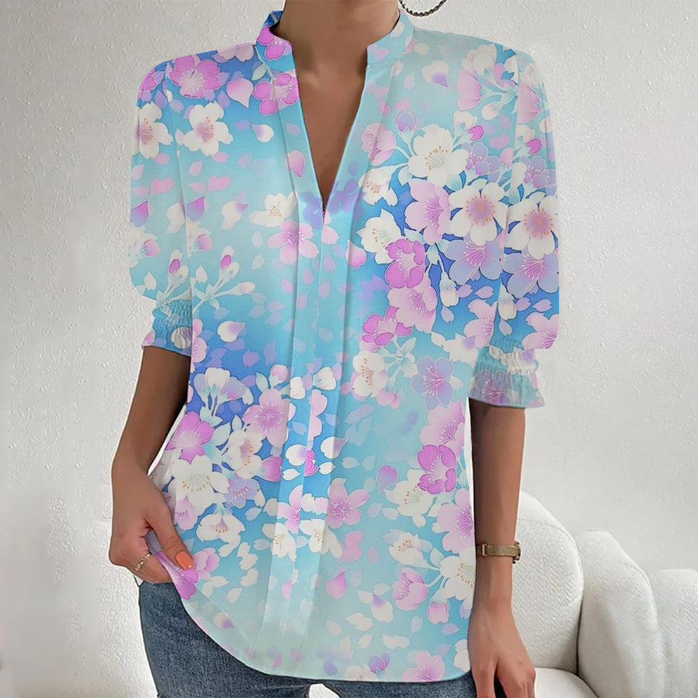 Women Floral Print Tunic Blouse with Stand Collar, Slit V-Placket and Gathered 3/4 Sleeves Mune Fashion