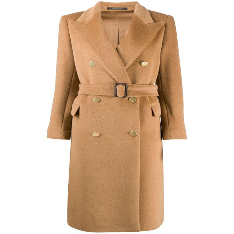 Women's mid-length noble wool blend coat in double-breasted style with contoured waist belt Mune Fashion